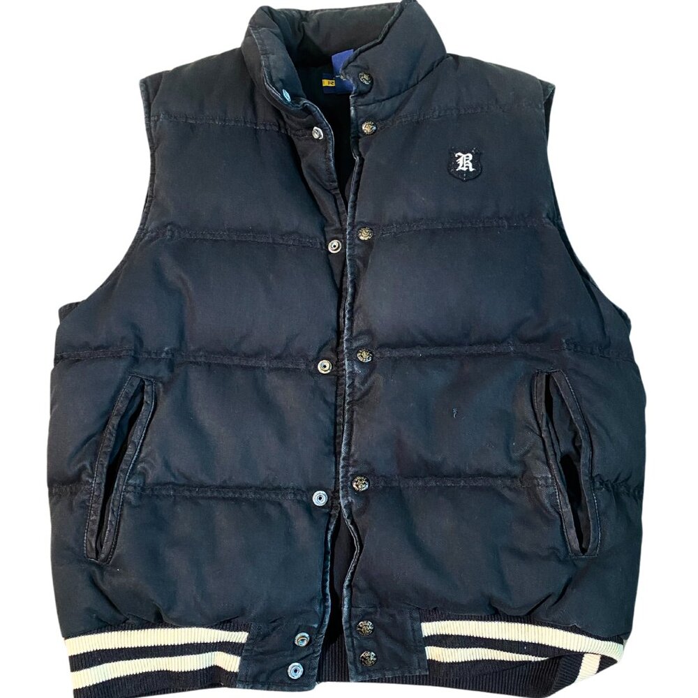 Vintage Rugby Ralph Lauren Black & White Striped Puffer Vest - Medium